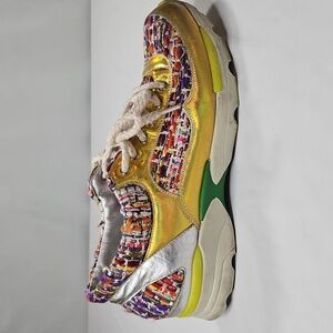 CHANEL Tweed Rainbow Metallic Gold & Silver Trim Lace Up Sneakers Size 38.5